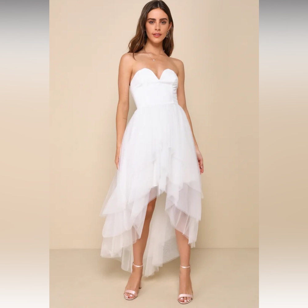 Lulus Precious Angel White Mesh Strapless High-Low Maxi Dress